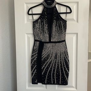 Black Rhinestone Deep V Mini Dress